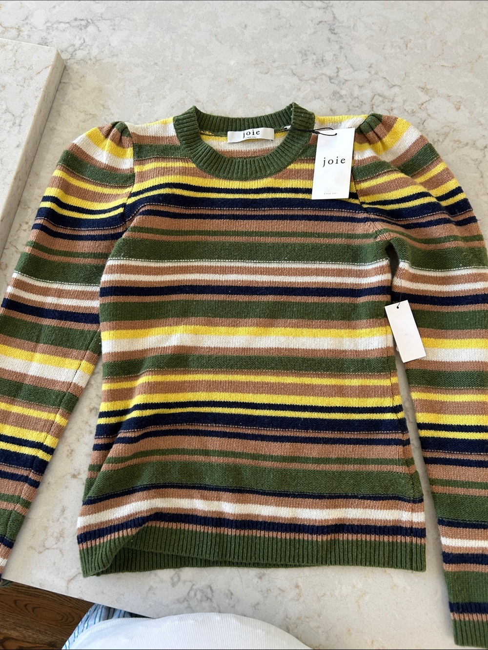 Joie Olive, Yellow & Navy Striped Puff-Sleeve Sweater